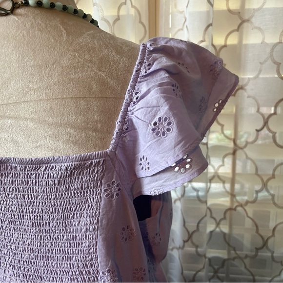 SO Jr Sundress Lilac Eyelet fabric Back Smocking Lined Flutter Sleeves JR XL NWT - Picture 4 of 5